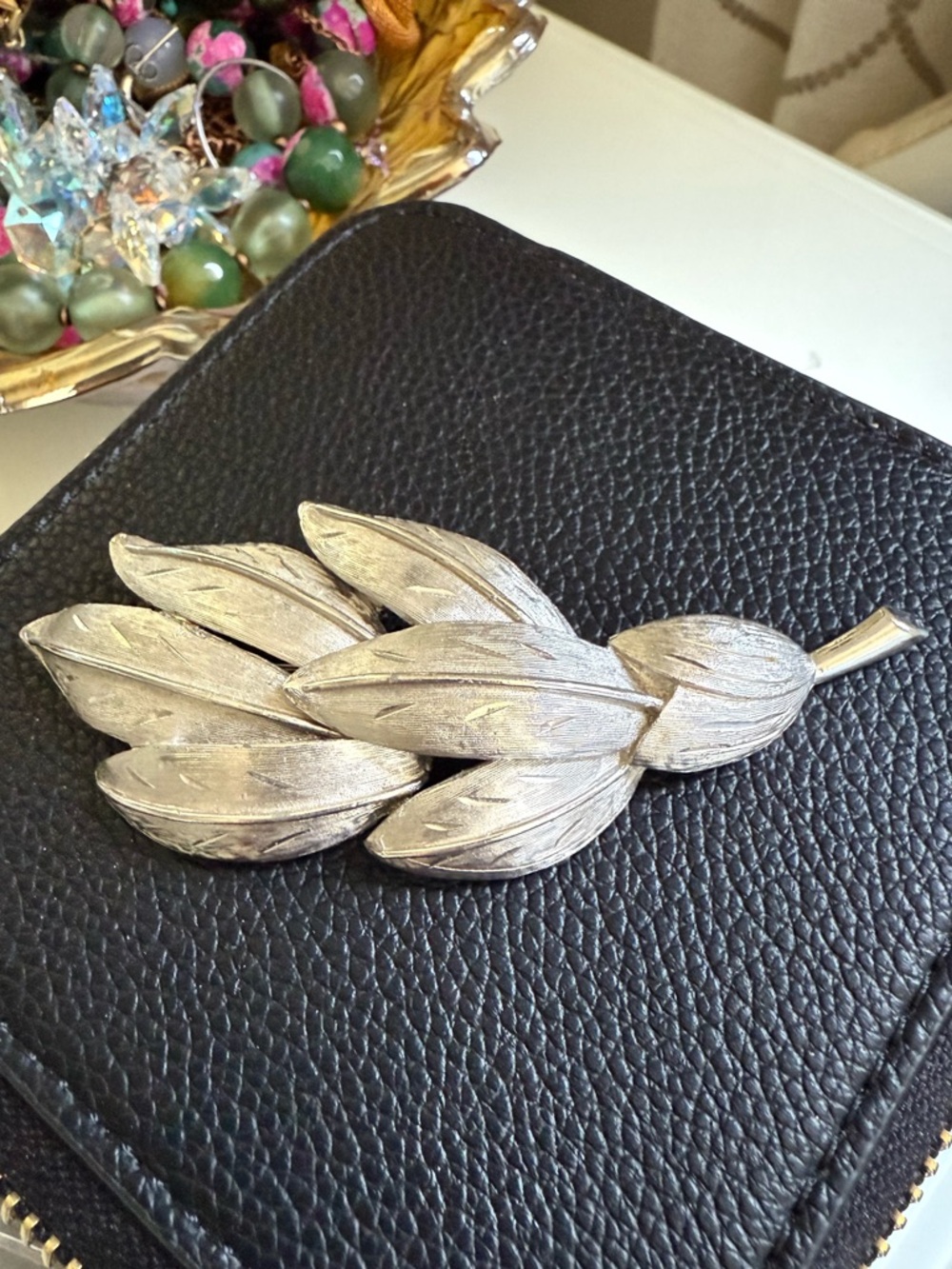 Vintage Signed KRAMER Brushed Silver Leaf Brooch 1950s Mid-Century Estate Pin
